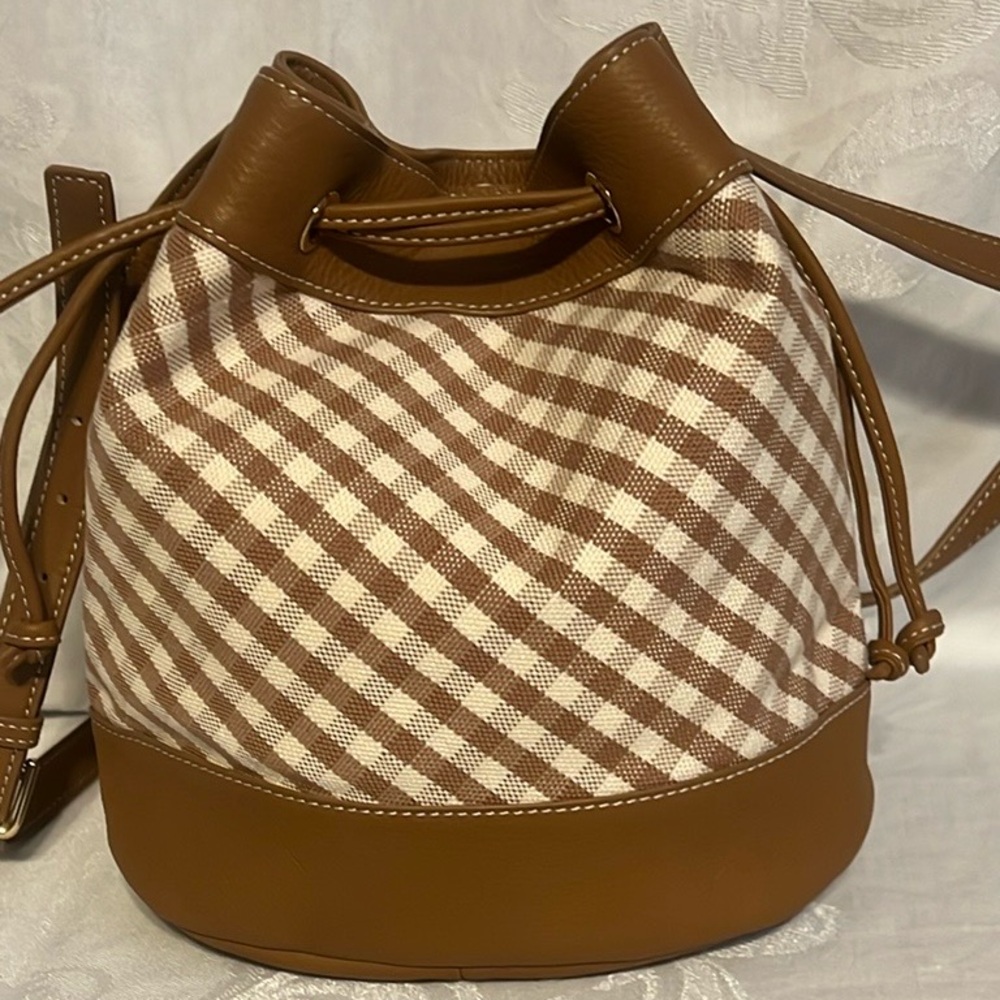 Talbots tan and white gingham crossbody with leather trim, bottom and drawstring